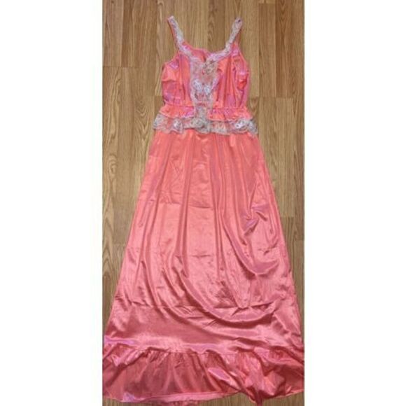 Vintage TEXSHEEN Lingerie Long Pink Chiffon Lace Lounge Gown & Robe Peignoir - Picture 2 of 11